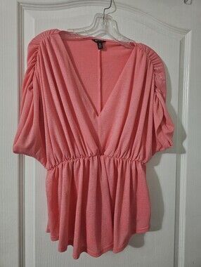 Versona Coral Pink Surplice V-Neck Ruched Sleeve Peplum Top